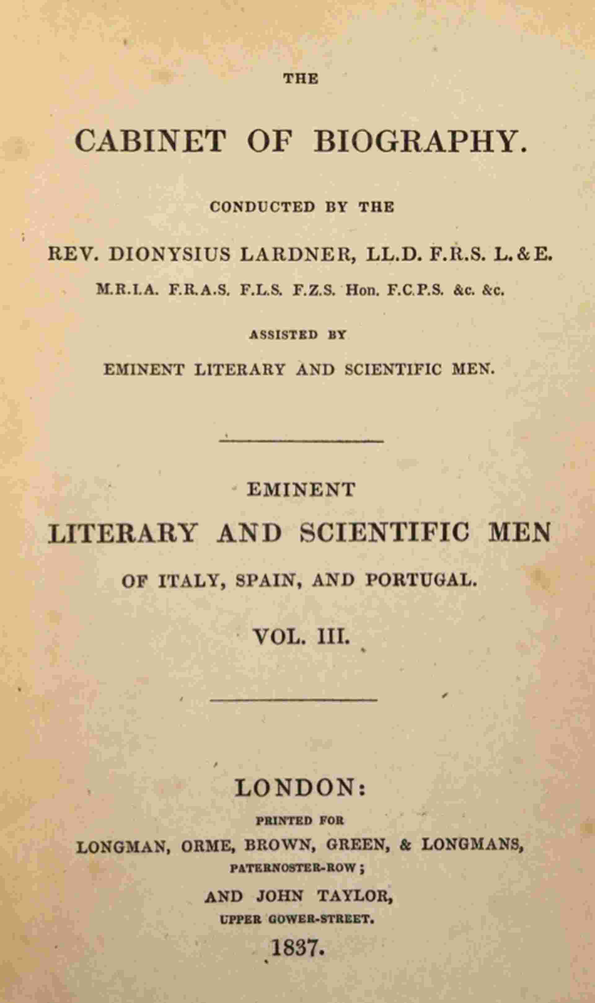 Cover of the audiobook “Eminent literary and scientific men of Italy, Spain, and Portugal. Vol. 3 (of 3)”