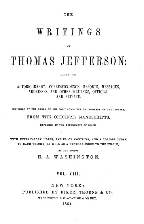 Cover of the audiobook “The Writings of Thomas Jefferson, Vol. 8 (of 9)”